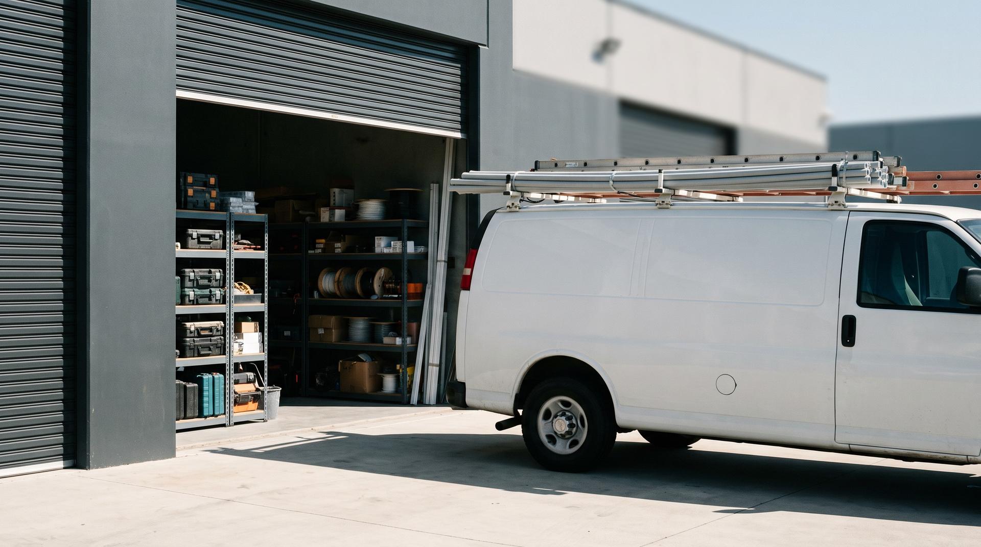 A work van loading at an open bay door, with organised inventory inside the unit