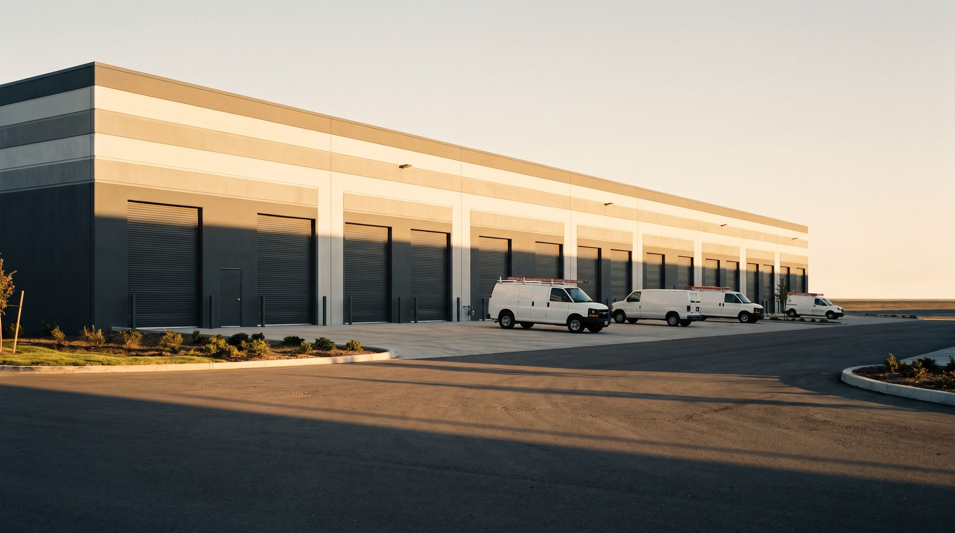 A modern small-bay industrial park at golden hour