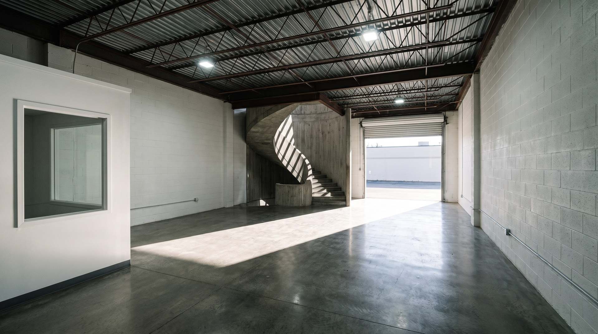 Interior of a clean, empty small-bay industrial unit with sealed concrete floor, exposed steel roof structure and an open roll-up door